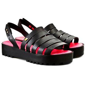 NEW Melissa Creatives Flat Black Pink Strappy Chunky Platform Edgy Jelly Sandals